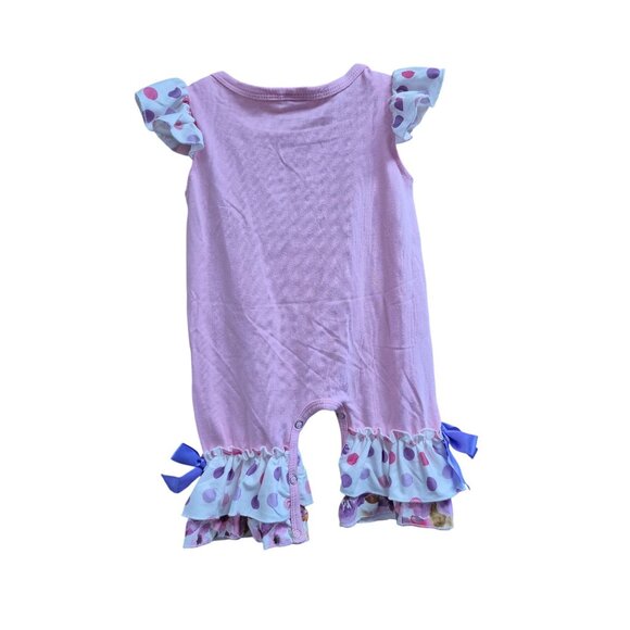Pink Baby Girl Romper With Polka Dot Bunny Applique & Bows Ruffle Sleeves & Bott - Picture 4 of 8